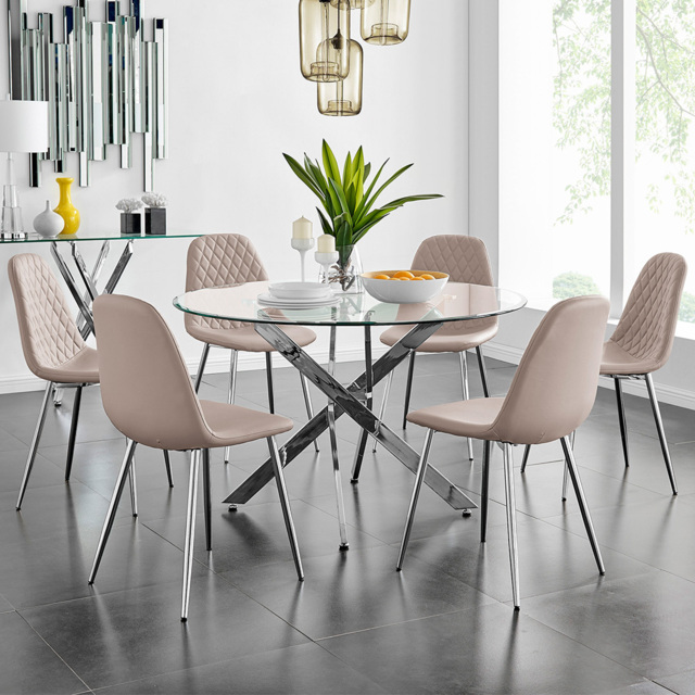 Furniturebox Arona Solara 6 Seater Round Dining Set Cappuccino Beige and Chrome - Brown - Wilko - image 1