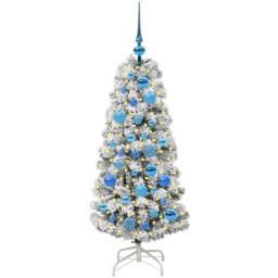 vidaXL Pre-Lit Warm White LED and Blue Baubles Snow Flocked Artificial Christmas Tree 3.9ft - Green - Wilko