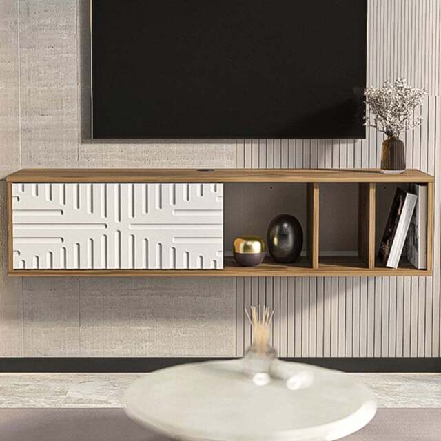 Decorotika Single Door 3 Shelf Walnut and White Floating TV Unit - Size: 29.5 x 140 x 29.5cm - Multi - Wilko - image 1