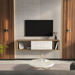 Decorotika Single Door 3 Shelf Walnut and White Floating TV Unit - Size: 29.5 x 140 x 29.5cm - Multi - Wilko - thumbnail 5
