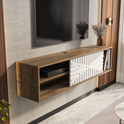 Decorotika Single Door 3 Shelf Walnut and White Floating TV Unit - Size: 29.5 x 140 x 29.5cm - Multi - Wilko - thumbnail 7