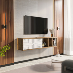 Decorotika Single Door 3 Shelf Walnut and White Floating TV Unit - Size: 29.5 x 140 x 29.5cm - Multi - Wilko - thumbnail 6