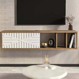 Decorotika Single Door 3 Shelf Walnut and White Floating TV Unit - Size: 29.5 x 140 x 29.5cm - Multi - Wilko - thumbnail 1