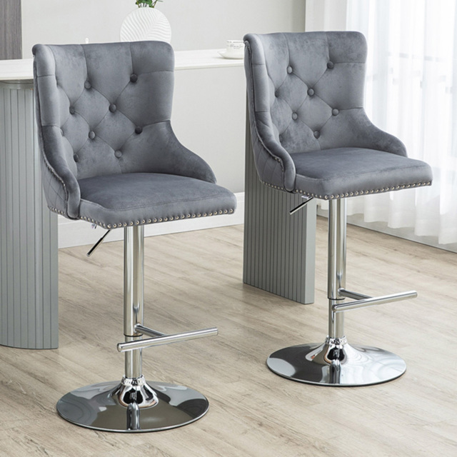 HOMCOM Grey Button Tufted Adjustable Swivel Bar Chair with Footrest Set of 2 - Wilko - image 1