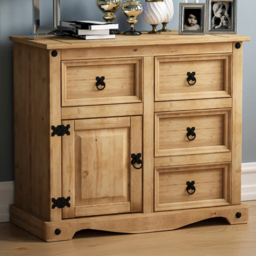 VIDA DESIGNS Corona Single Door 4 Drawer Pine Small Sideboard - Size: 40 x 86 x 76cm - Brown - Wilko