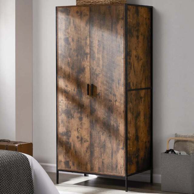 VIDA DESIGNS Brooklyn 2 Door Dark Wood Industrial Wardrobe with Hanging Rail and Shelf - Brown - Wilko - image 1