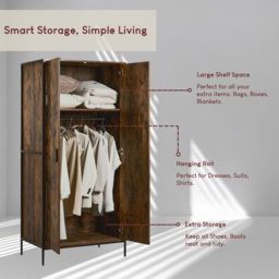 VIDA DESIGNS Brooklyn 2 Door Dark Wood Industrial Wardrobe with Hanging Rail and Shelf - Brown - Wilko - thumbnail 7