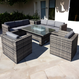 Oseasons Malta 8 Seater Grey Walnut Rattan Rising Firepit Corner Sofa Set - Brown - Wilko - thumbnail 1