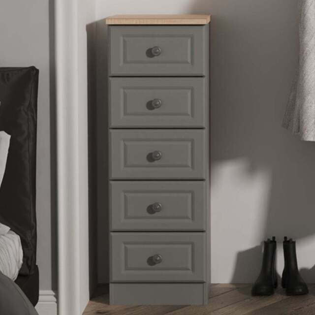 Crowndale Norfolk 5 Drawer Dusk Grey and Bardolino Oak Tall Bedside Cabinet Ready Assembled - Dusk Grey & Bardolino Oak - Wilko - image 1