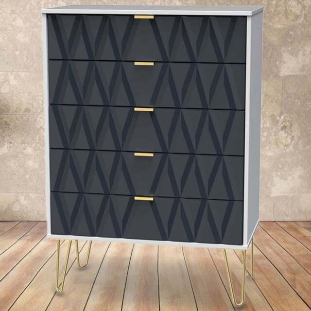 Crowndale Diamond 5 Drawer Matt Indigo and White Chest of Drawers - Wilko - image 1
