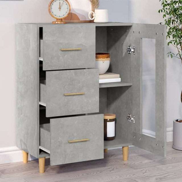 vidaXL Single Glass Door 3 Drawer Concrete Grey Wooden Sideboard - Size: 90 x 69.5 x 34cm - Wilko - image 1