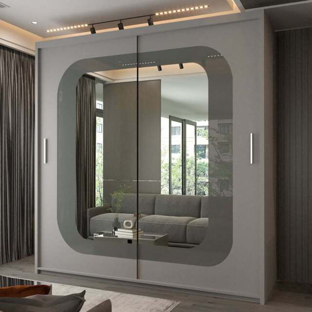 Sliding Wardrobes 4U Chelsea 2 Door Grey Wide Central Curved Mirrored Wardrobe 203cm - Wilko - image 1