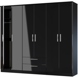 Crowndale Knightsbridge 6 Door 2 Drawer Black Gloss and Black Tall Wardrobe Ready Assembled - Black Gloss & Black - Wilko - thumbnail 4