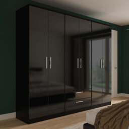 Crowndale Knightsbridge 6 Door 2 Drawer Black Gloss and Black Tall Wardrobe Ready Assembled - Black Gloss & Black - Wilko