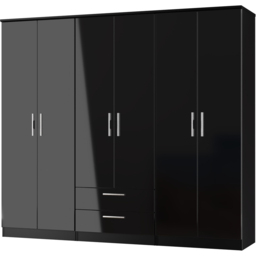 Crowndale Knightsbridge 6 Door 2 Drawer Black Gloss and Black Tall Wardrobe Ready Assembled - Black Gloss & Black - Wilko - thumbnail 3