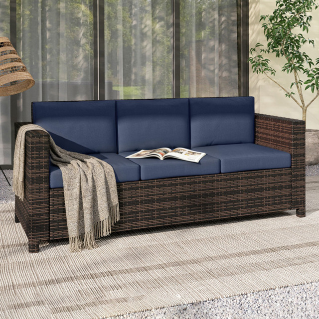 Outsunny 3 Seater Dark Blue PE Rattan Garden Sofa - Wilko - image 1