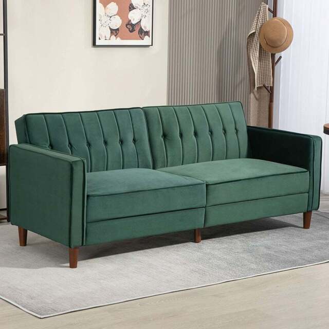 HOMCOM 3 Seater Green Velvet Button Tufted Sofa Bed - Wilko - image 1