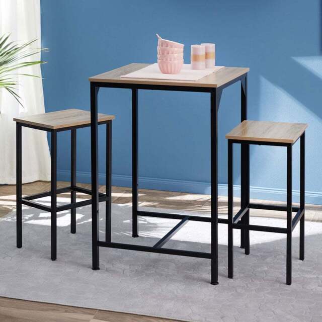 tectake 2 Seater Light Wood Oak Sonoma Bar Table with Stools - Brown - Wilko - image 1