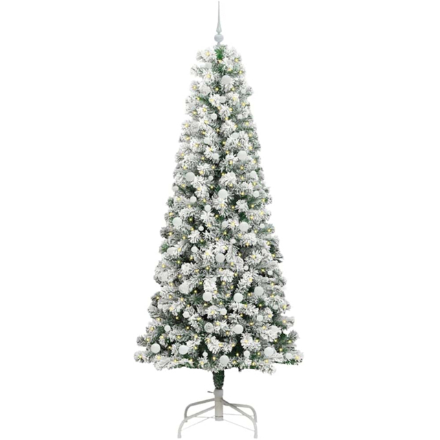 vidaXL Pre-Lit Warm White LED and White Baubles Snow Flocked Artificial Christmas Tree 7.8ft - Green - Wilko - image 1
