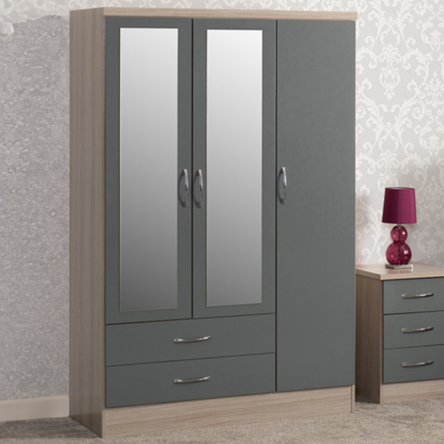 Seconique Nevada Grey and Light Oak Effect 4 Piece Bedroom Furniture Set - Size: 3 Door - Wilko - image 1
