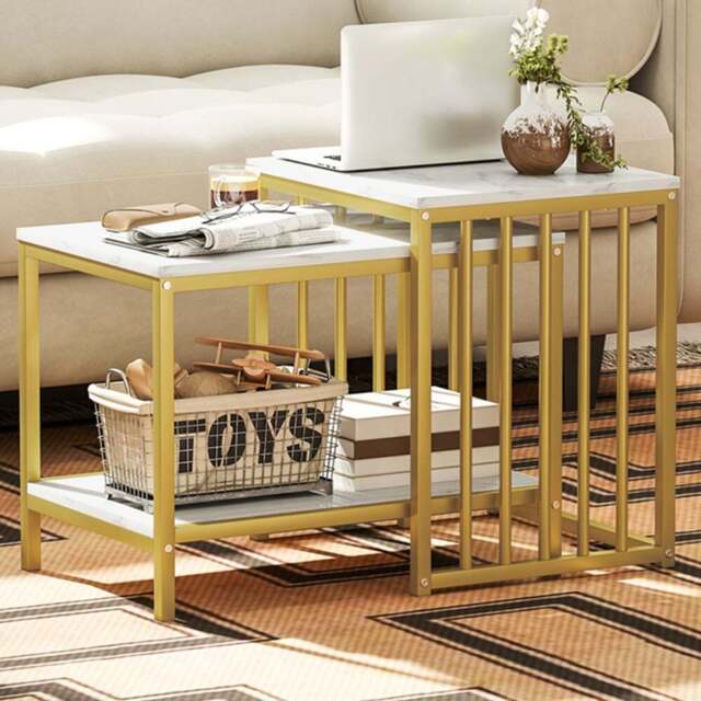 HOMCOM Marble Effect and Gold Tone Nest of Tables Set of 2 - Size: 52 x 40 x 45cm - Orange - Wilko - image 1