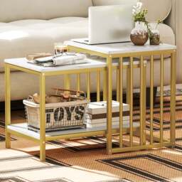 HOMCOM Marble Effect and Gold Tone Nest of Tables Set of 2 - Size: 52 x 40 x 45cm - Orange - Wilko - thumbnail 1