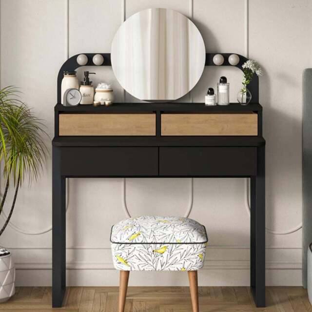 Decortie Lora 4 Drawer Black Bute Sapphire Oak Dressing Table with LED Mirror - Size: 132 x 96 x 40cm - Multi - Wilko - image 1