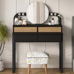 Decortie Lora 4 Drawer Black Bute Sapphire Oak Dressing Table with LED Mirror - Size: 132 x 96 x 40cm - Multi - Wilko