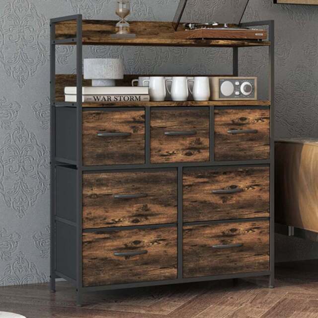 HOMCOM 7 Drawer 2 Shelf Rustic Brown Bedroom Chest of Drawers - Size: 101 x 29 x 79cm - Wilko - image 1