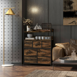 HOMCOM 7 Drawer 2 Shelf Rustic Brown Bedroom Chest of Drawers - Size: 101 x 29 x 79cm - Wilko - thumbnail 4