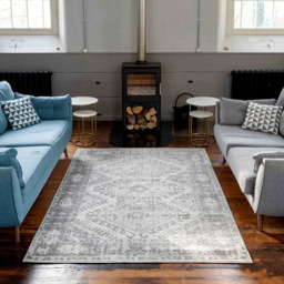 Kukoon Silver and Grey Bordered Geometric Distressed Rug 290 x 200cm - Yellow - Wilko - thumbnail 3