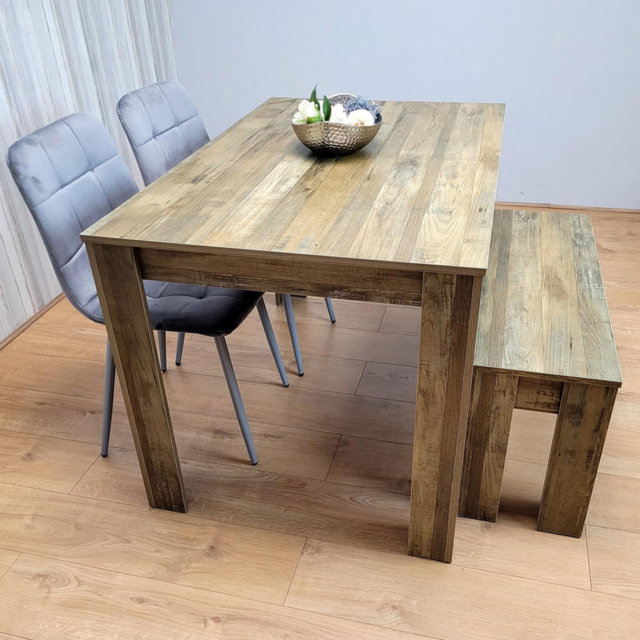 Portland 4 Seater Dining Set Rustic Effect and Grey Velvet with Bench - Multi - Wilko - image 1