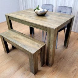 Portland 4 Seater Dining Set Rustic Effect and Grey Velvet with Bench - Multi - Wilko - thumbnail 7