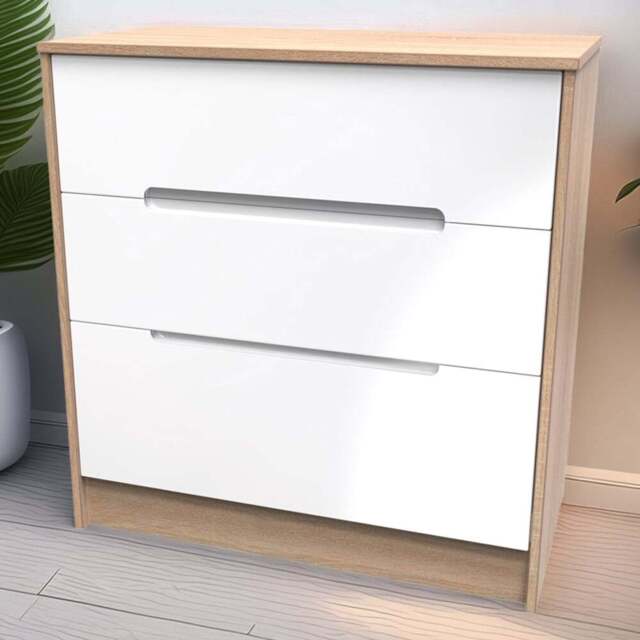 Crowndale Monaco 3 Drawer White Gloss and Bardolino Oak Deep Chest of Drawers Ready Assembled - White Gloss & Bardolino Oak - Wilko - image 1