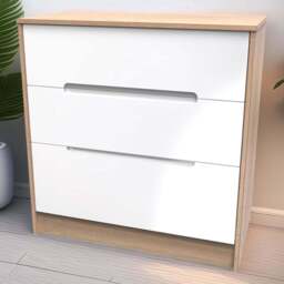 Crowndale Monaco 3 Drawer White Gloss and Bardolino Oak Deep Chest of Drawers Ready Assembled - White Gloss & Bardolino Oak - Wilko - thumbnail 1