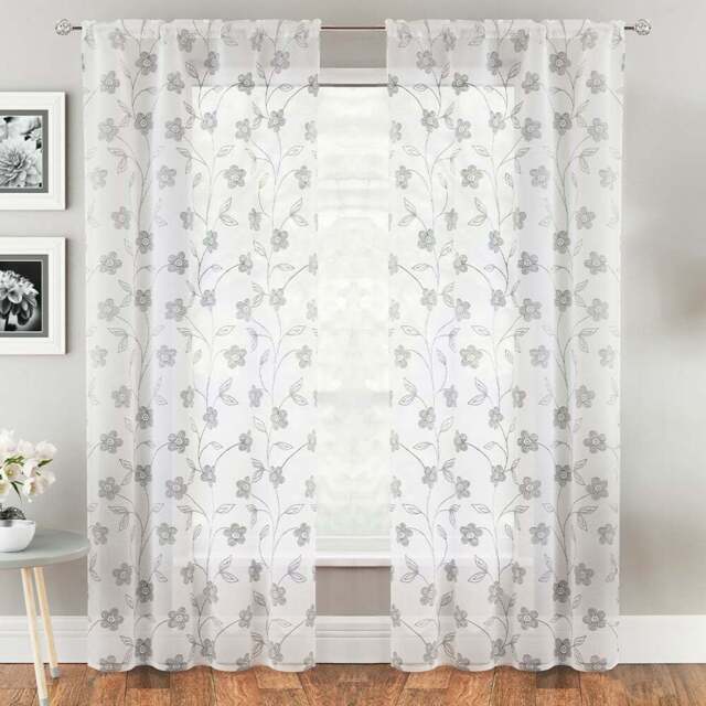 Tyrone Textiles Sienna Grey Floral Trail Embroidered Rod Pocket Voile Panel Curtains 140 x 229cm - Size: W 140 x D 229cm - Wilko - image 1