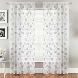 Tyrone Textiles Sienna Grey Floral Trail Embroidered Rod Pocket Voile Panel Curtains 140 x 229cm - Size: W 140 x D 229cm - Wilko - thumbnail 1
