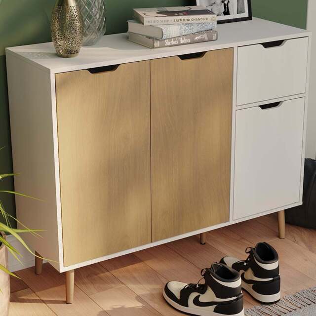 Vida Designs 3 Door Single Drawer Oak and White Sideboard - Size: 72 x 90 x 30cm - Wilko - image 1