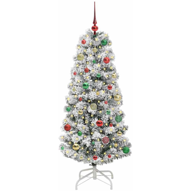 vidaXL Pre-Lit Warm White LED and Multicolour Baubles Snow Flocked Artificial Christmas Tree 4.9ft - Green - Wilko - image 1