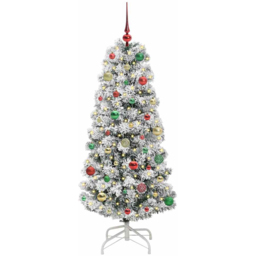 vidaXL Pre-Lit Warm White LED and Multicolour Baubles Snow Flocked Artificial Christmas Tree 4.9ft - Green - Wilko