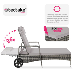 tectake Cassis Grey 6 Level Adjustable Sun Lounger with Removable Headrest and Wheels - Size: 94.5 x 72 x 196cm - Wilko - thumbnail 5