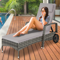tectake Cassis Grey 6 Level Adjustable Sun Lounger with Removable Headrest and Wheels - Size: 94.5 x 72 x 196cm - Wilko