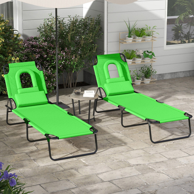 Outsunny Set of 2 Green Folding Sun Lounger with Reading Hole - Size: 36 x 58 x 187cm - Wilko - image 1