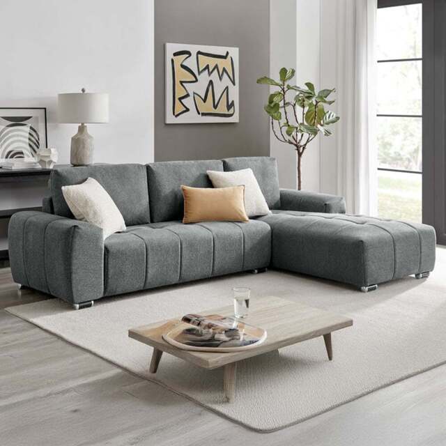 DS Living The Capri 3 Seater Grey Woven Fabric Right Hand Chaise Corner Sofa - Wilko