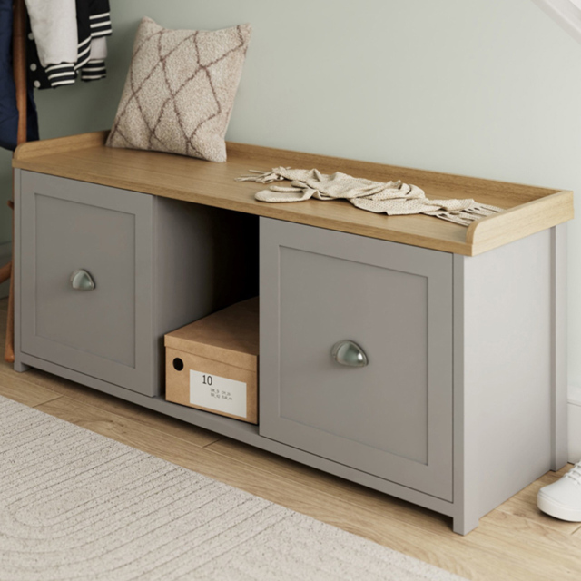 GFW Lancaster 2 Door Grey and Oak Shoe Bench - Size: 56.6 x 130 x 39.5cm - Wilko - image 1