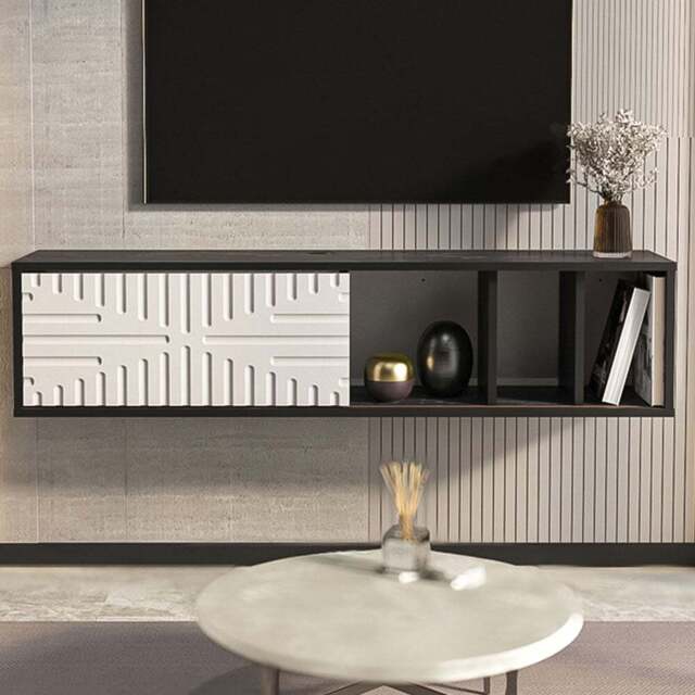 Decorotika Single Door 3 Shelf Black Marble and White Floating TV Unit - Size: 29.5 x 140 x 29.5cm - Multi - Wilko - image 1