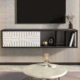 Decorotika Single Door 3 Shelf Black Marble and White Floating TV Unit - Size: 29.5 x 140 x 29.5cm - Multi - Wilko
