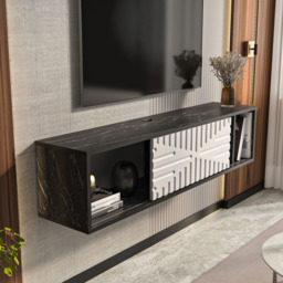Decorotika Single Door 3 Shelf Black Marble and White Floating TV Unit - Size: 29.5 x 140 x 29.5cm - Multi - Wilko - thumbnail 7