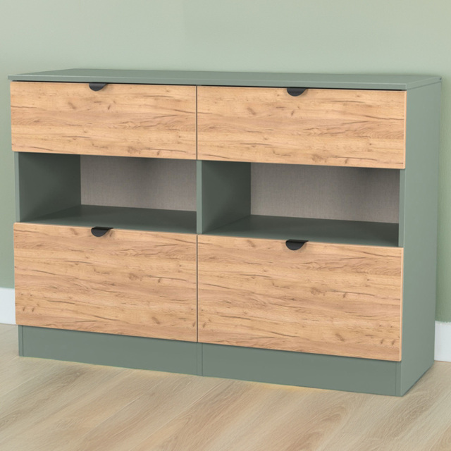 Crowndale Bora 4 Drawer 2 Shelf Gold Oak and Reed Green Wide Midi Chest - Wilko - image 1
