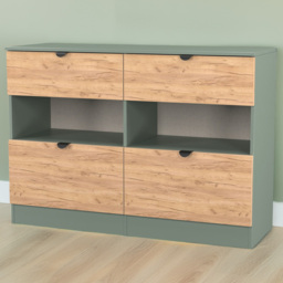 Crowndale Bora 4 Drawer 2 Shelf Gold Oak and Reed Green Wide Midi Chest - Wilko